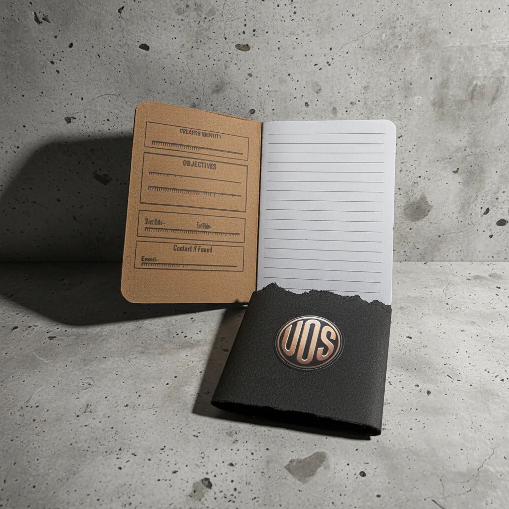 Inside pages of notebook showing Creator Identity and lined pages