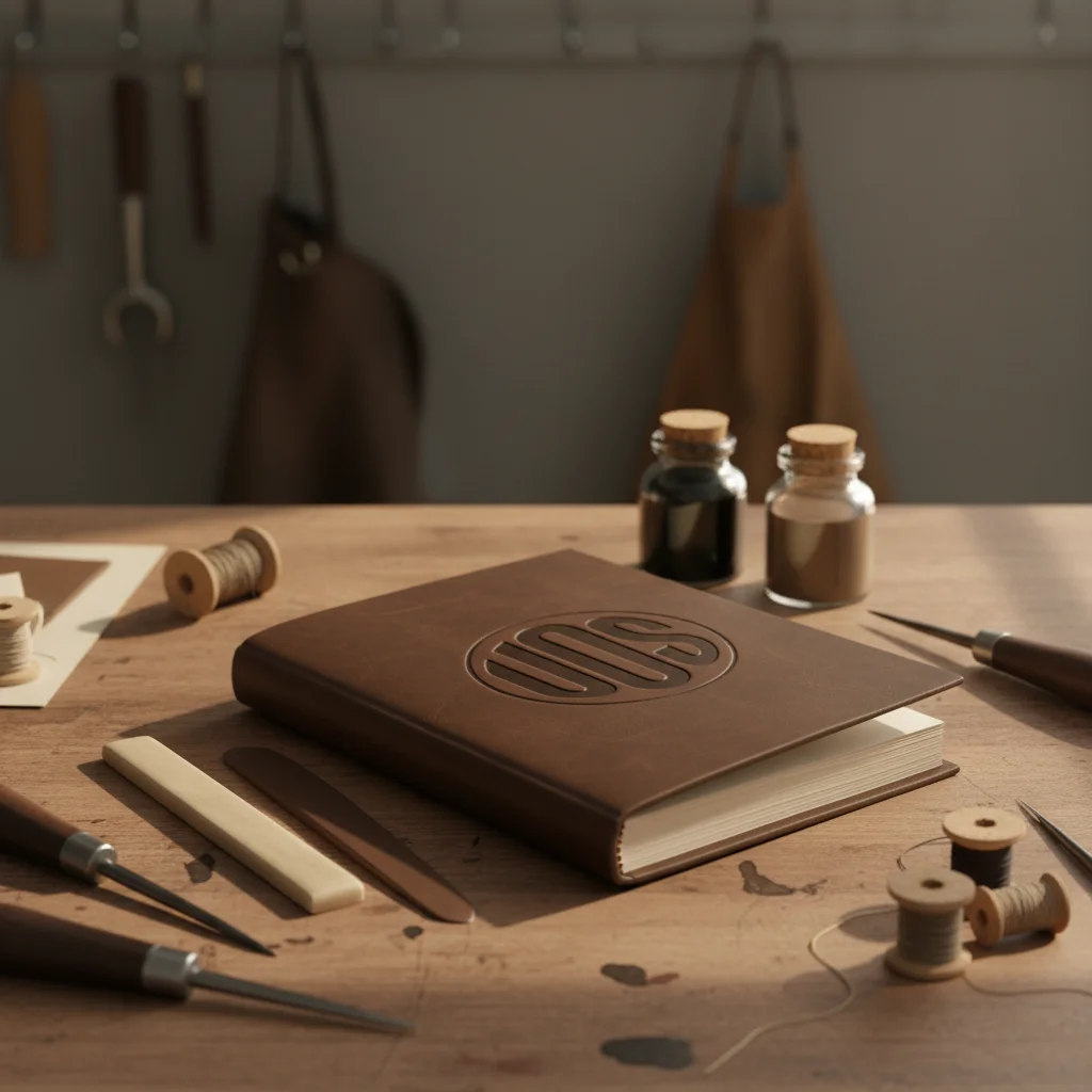 Leather journal on workbench